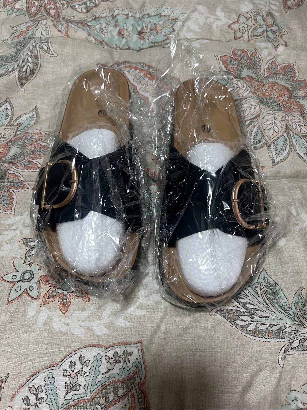 Black Slide Sandals with Gold Buckle